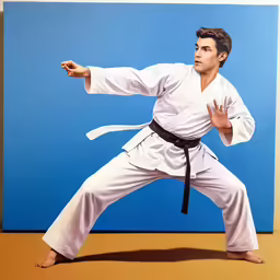 the man is practicing karate in his white outfit