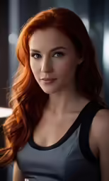 red headed woman looking at camera in black tank top