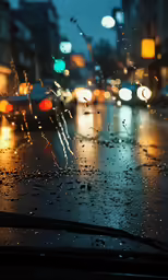 rain on a car windshield is drizzled down at night
