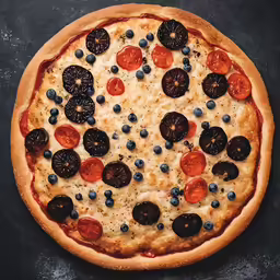 a cheese and pepper pizza with tomatoes, peppers and olives