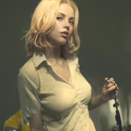 a woman with blonde hair standing holding an umbrella