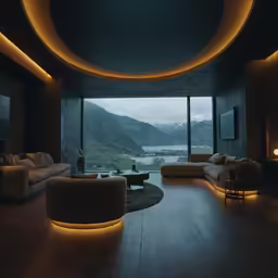 a modern living room with lots of seating and lighting