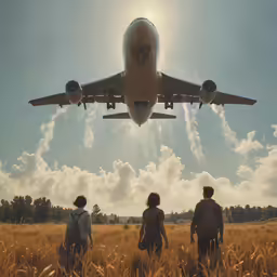 three people watch an airplane take off from a field