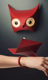 an owl mask on a wall is held up by a woman