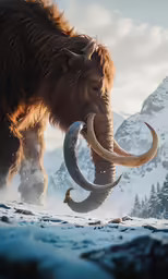 a brown mammoth walking through snow covered ground