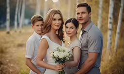 a family of four poses in an outdoor setting