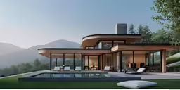 a modern house with the pool on the lawn