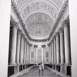 black and white photograph of a couple standing inside of a dome