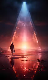 a person walking by a pyramid shaped structure in a bright sunset