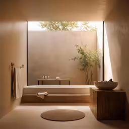 the modern bathroom has a large round rug and plant
