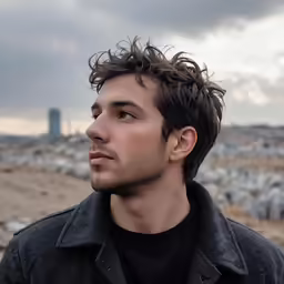 a man with a beard stares into the distance