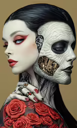 a woman in skeleton make - up and red roses wearing a gold clock on her face