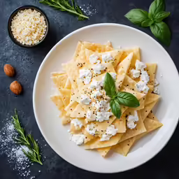 pasta with basil and cheese on a white plate