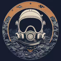 a gas mask with mountains in the background,the diving suit and helmet in the center of a circular poster