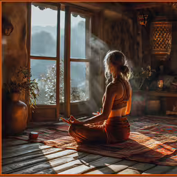 a woman in a brown dress sitting on top of a rug,the woman is doing yoga in front of the window