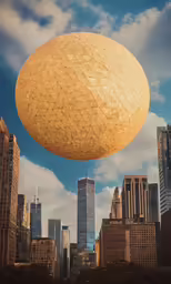 the giant, round object is flying over a city