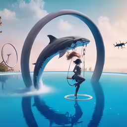 a person on a wave with an animal next to them