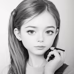 a black and white photo of a girl with long hair