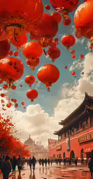 red paper lanterns hanging in the sky above a chinese building