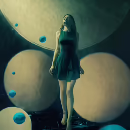 the girl is in front of the three identical discs
