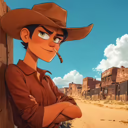 a cowboy leaning against a wall with his arms crossed