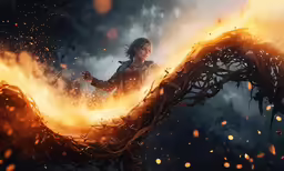 a female elf is surrounded by flames and smoke