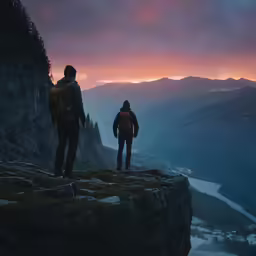two men are standing at the edge of a cliff while the sun sets