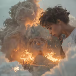 two young men sit on clouds and look at a small piece of artwork