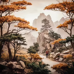 a man walking down a trail between trees with mountains in the background