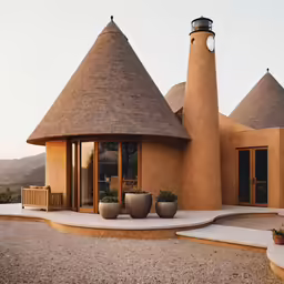 an elegant looking house with three thatched roofs