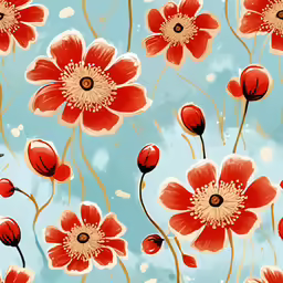 a blue and yellow floral pattern with orange flowers