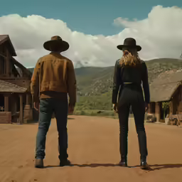 a couple of men standing on top of a dirt road