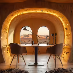 a dining area with a dining table in a desert setting