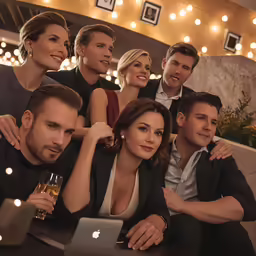 a group of people sitting in front of a laptop computer