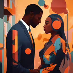 a painting of two people standing close together,a man and a woman stand in front of art