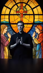 a man standing in front of a stained glass window
