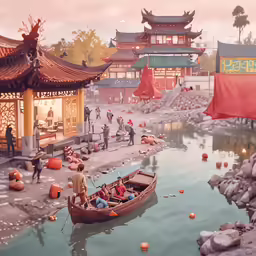 people sitting in small boats at a lakeside