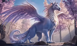 a white dragon in the forest, standing with wings spread