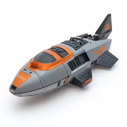 an orange and grey toy airplane with propellers