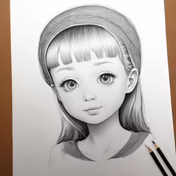 a drawing of a young girl in profile with a hat on