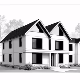 two 3d renderings of houses showing their architectural details