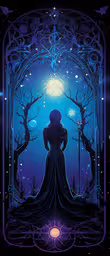 the silhouette of a woman facing a full moon in front of her and trees,a woman is looking out of an open door into the forest