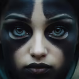 a woman with long black and white make up is posing for the camera