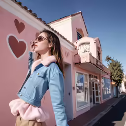 a young woman leaning against a wall near buildings with giant hearts on it