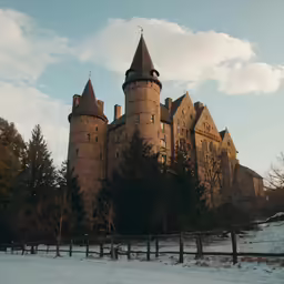 an old castle sits atop of a mountain