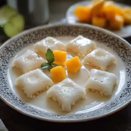 the dumplings are garnished with cheese on the table