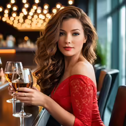 woman sitting at a table holding wineglass with light bulb background