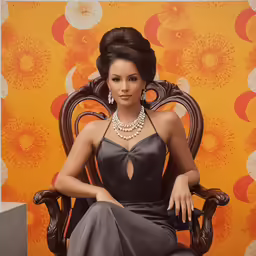 a woman in a gray dress sitting in a chair