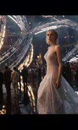 a woman in a white dress is standing next to people