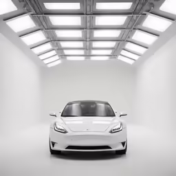 a white electric car is shown in an empty room